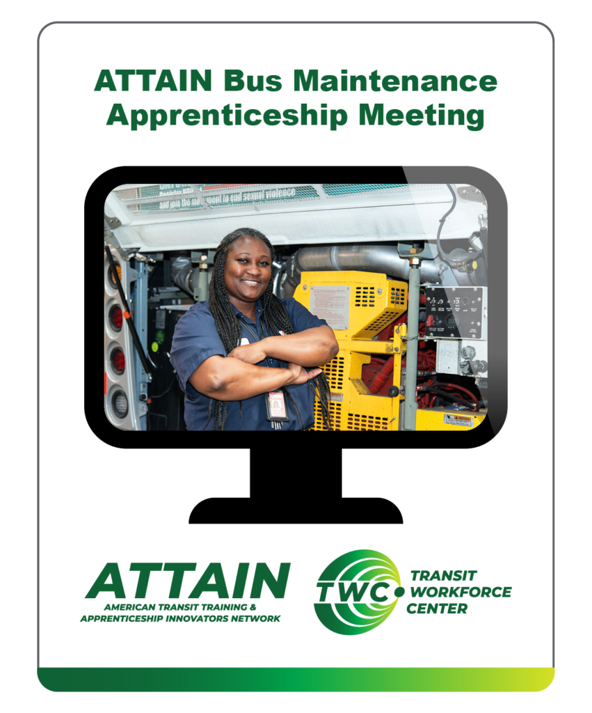 ATTAIN bus maintenance apprenticeship meeting. Photo of woman with arms crossed in front of transit machinery.