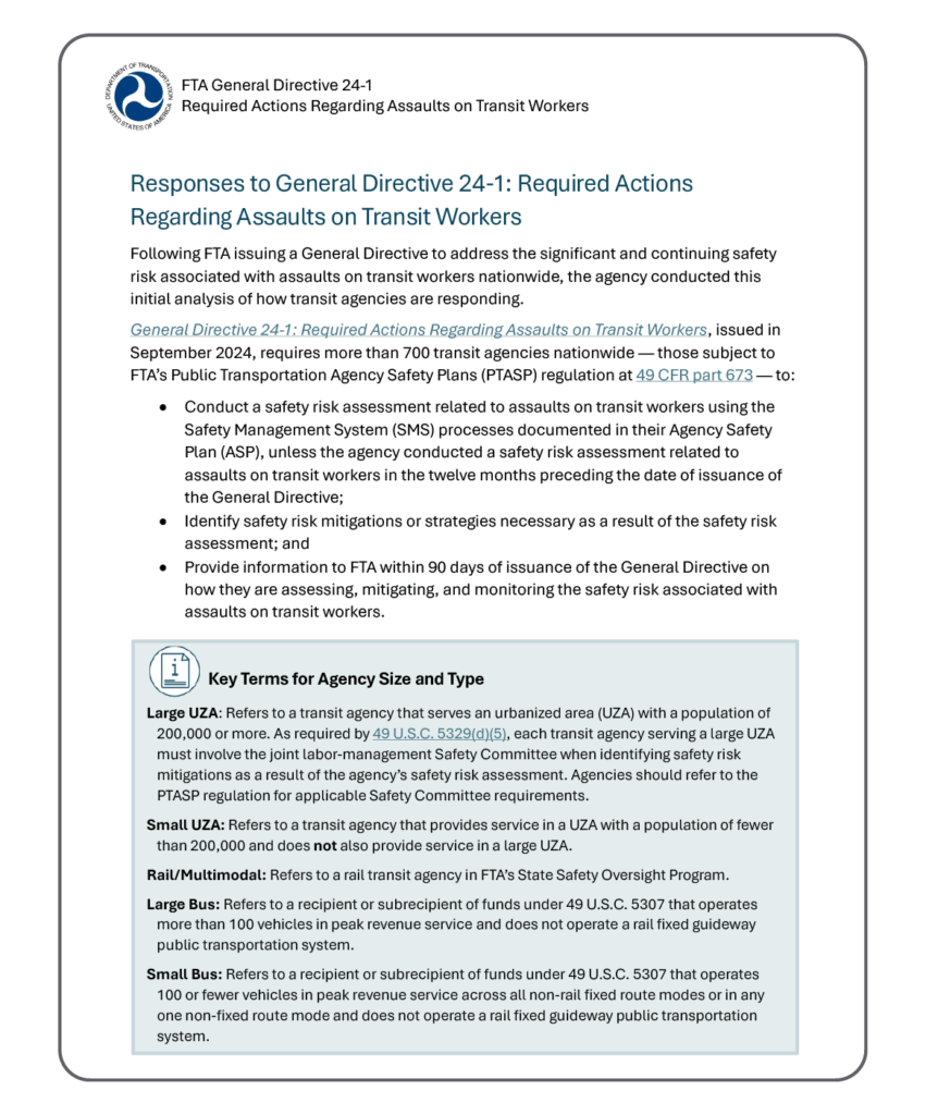 Responses to General Directive 24-1: Required Actions Regarding Assaults on Transit Workers