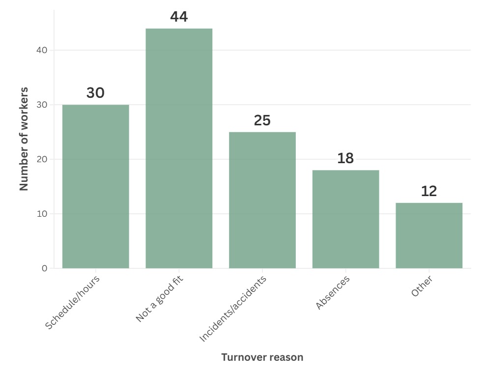Column chart showing mock data of turnover reasons, including schedule/hours, not a good fit, incidents or accidents, absences, and other.